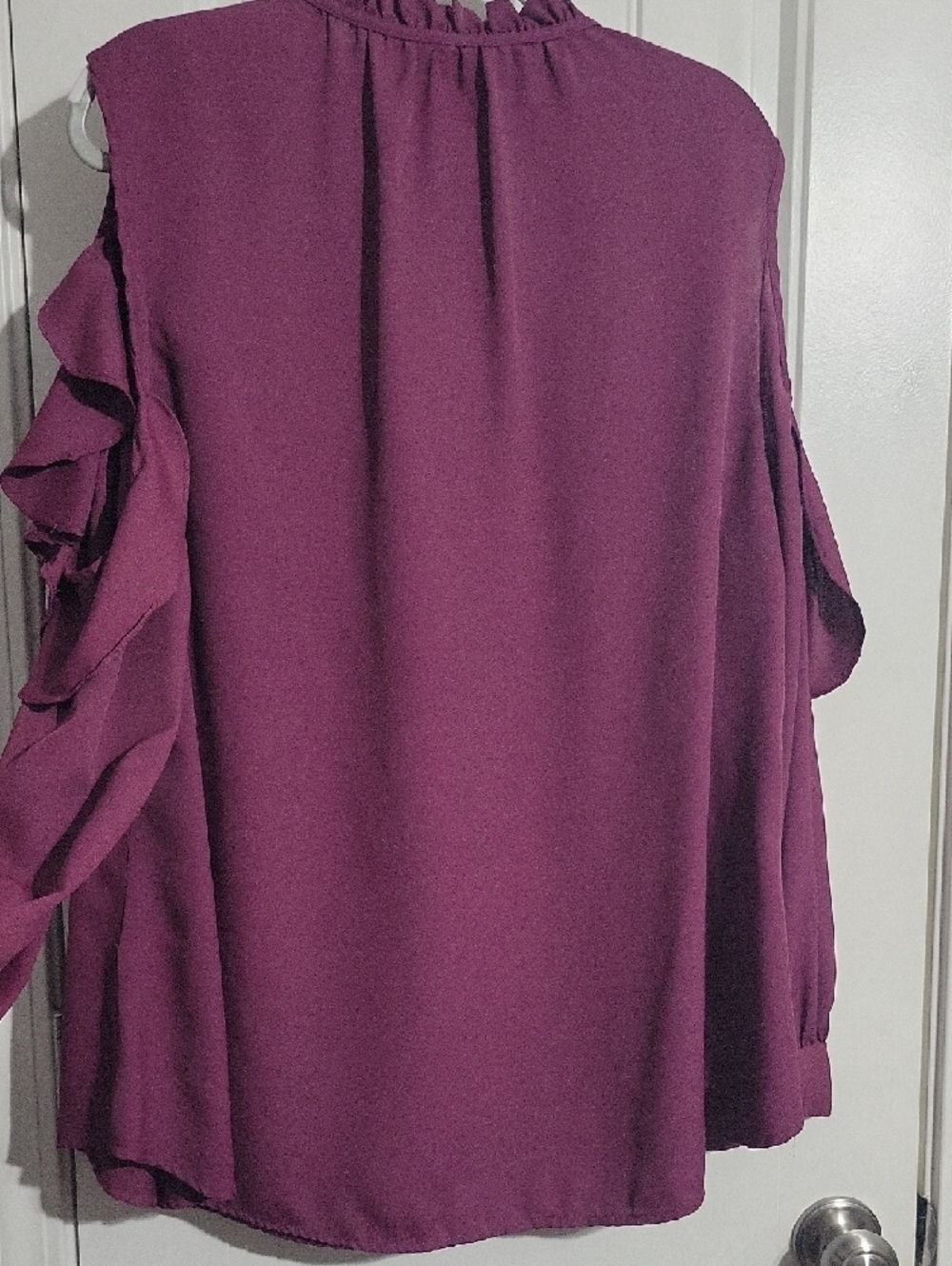 Plum Ruffle Cold-Shoulder Blouse - Picture 6 of 7